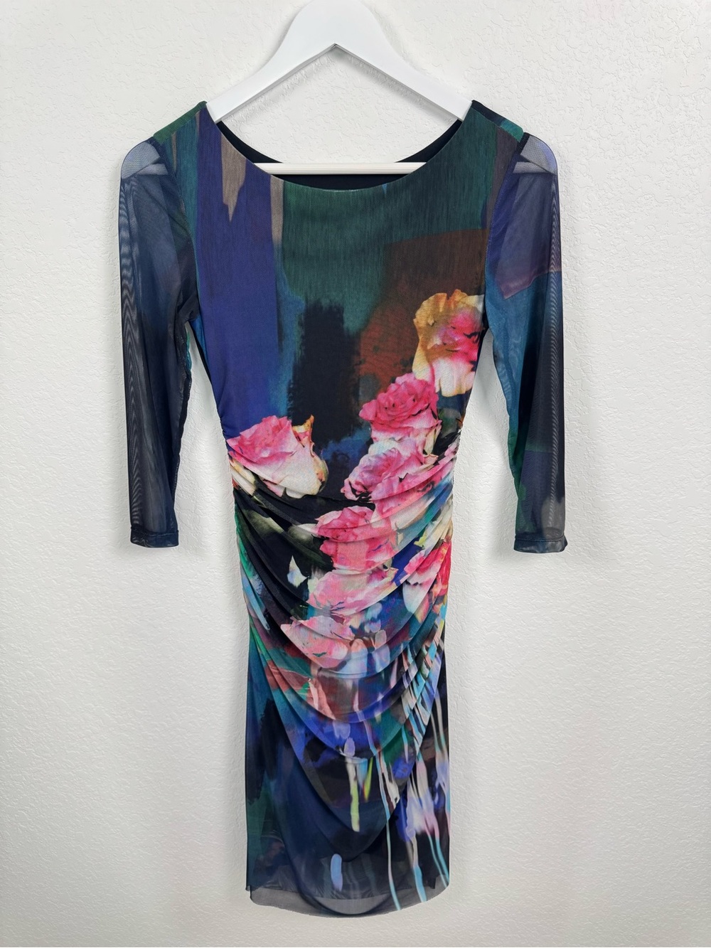 Kay Unger Floral Bodycon Ruched Mesh Sheath Midi Dress